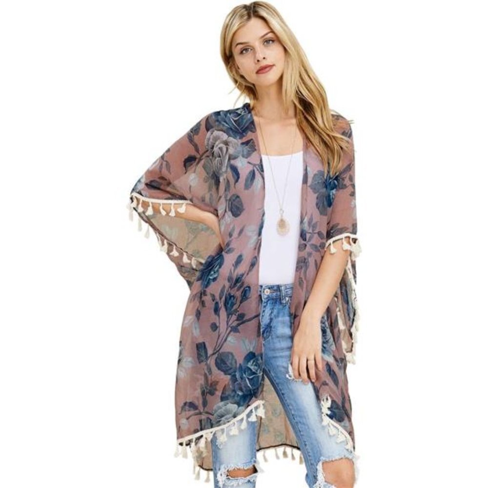 Mauve Floral Print Fringe Open Kimono Shawl Cardigan Kaftan Poncho Cover Up Vest